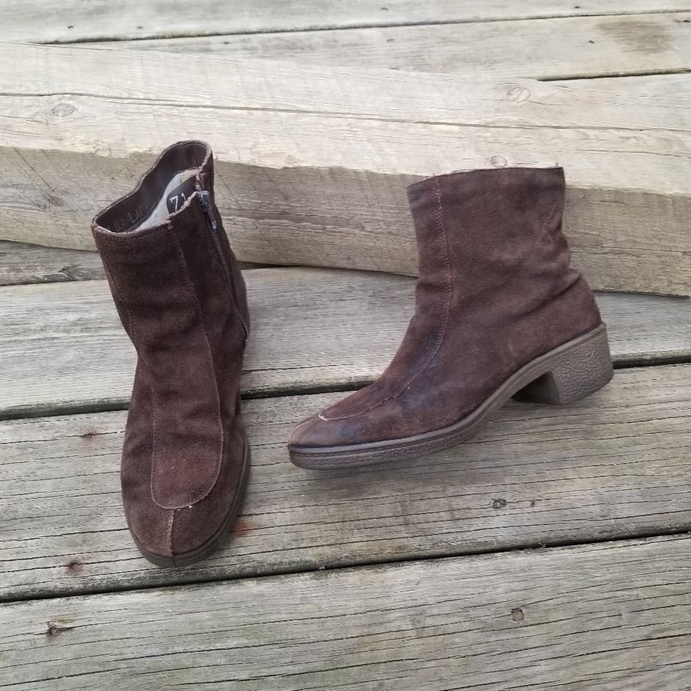 Vintage 90s Alba Lamax Brown‎ Suede Chunky Block Heel Insulated Ankle Boots 7.5